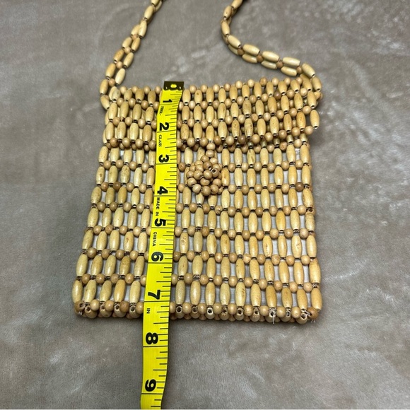 Wood Elongtated Woven Bead Crossbody Purse Zipper - Picture 7 of 8